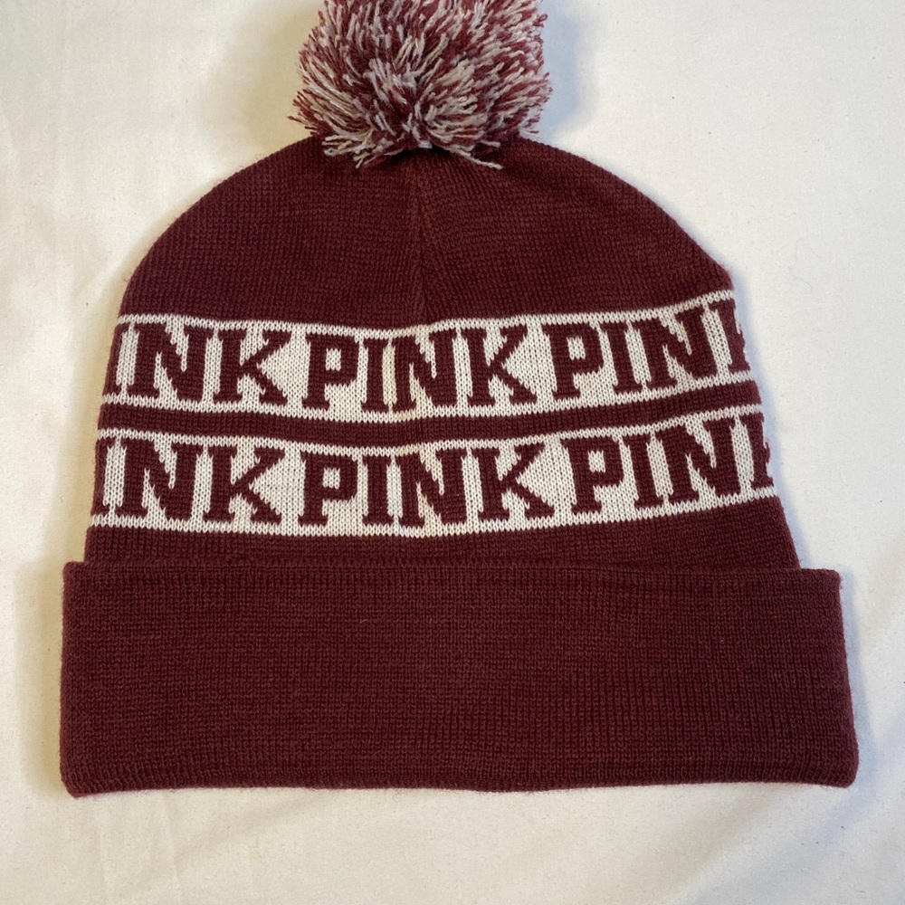 VS PINK Beanie Pom Pom Maroon/Burgundy Logo